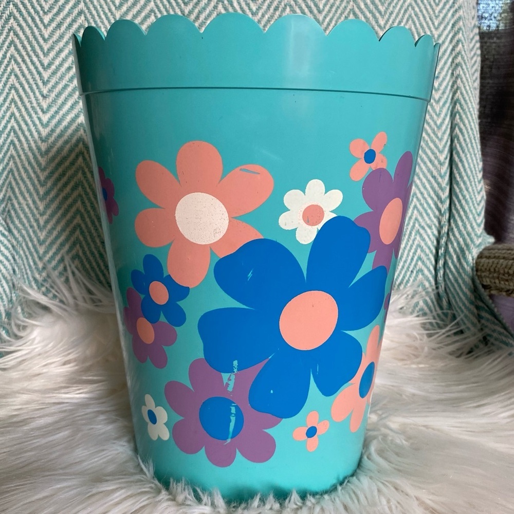 Vintage 60s Mod Hostess Floral Teal Trash Can Bin Scalloped Blue Flower Power